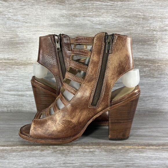 Bed Stu Women's Occam Cognac Brown Leather Peep Toe Heels Size 7 - Picture 6 of 10